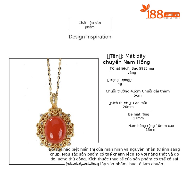 Dây chuyền mặt nai bạc S925 mạ vàng đính mã não đỏ phong cách cổ điển — Mặt dây chuyền (có chuỗi) chi tiết 2