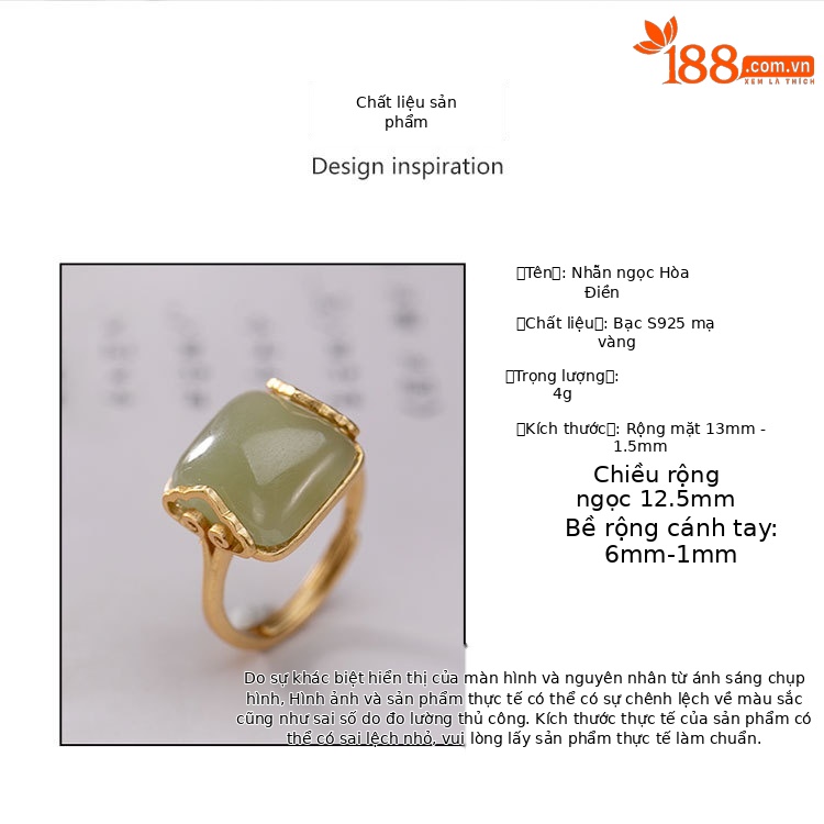 Nhẫn nữ bạc S925 mạ vàng đính ngọc bích sapphire hình mây lành — Mẫu màu đậm chi tiết 1