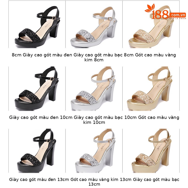 Sandal cao gót quai ngang nữ kiểu La Mã gót dày 13 cm — Màu đen 13cm, Bạc 13cm, Màu vàng kim 10cm, Màu vàng 13cm