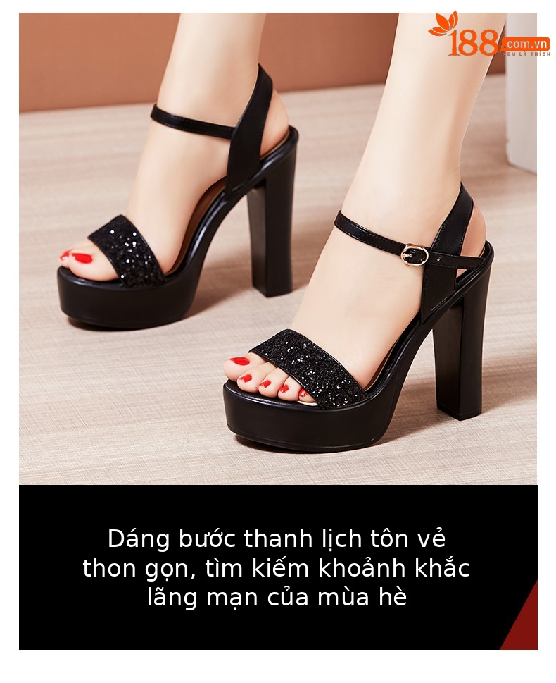 Sandal cao gót quai ngang nữ kiểu La Mã gót dày 13 cm — Màu đen 13cm, Bạc 13cm, Màu vàng kim 10cm, Màu vàng 13cm chi tiết 3