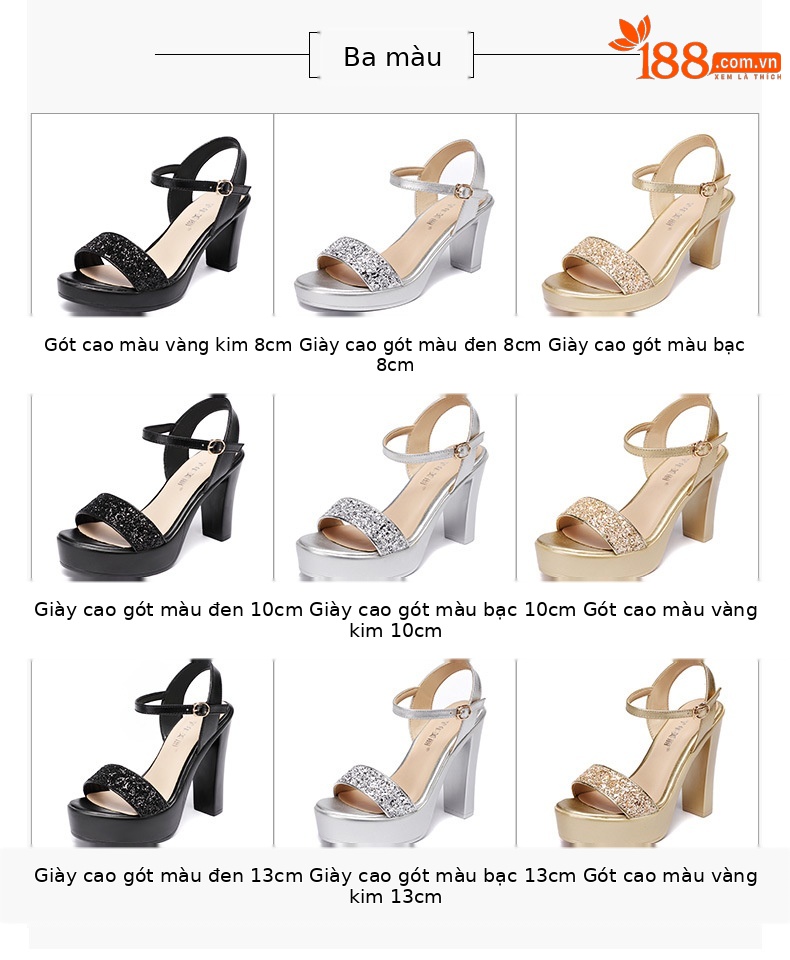Sandal cao gót quai ngang nữ kiểu La Mã gót dày 13 cm — Màu đen 13cm, Bạc 13cm, Màu vàng kim 10cm, Màu vàng 13cm chi tiết 4