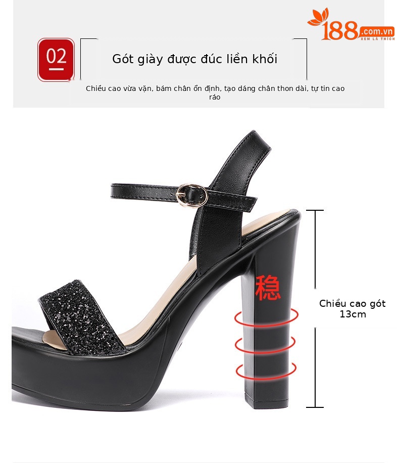 Sandal cao gót quai ngang nữ kiểu La Mã gót dày 13 cm — Màu đen 13cm, Bạc 13cm, Màu vàng kim 10cm, Màu vàng 13cm chi tiết 7