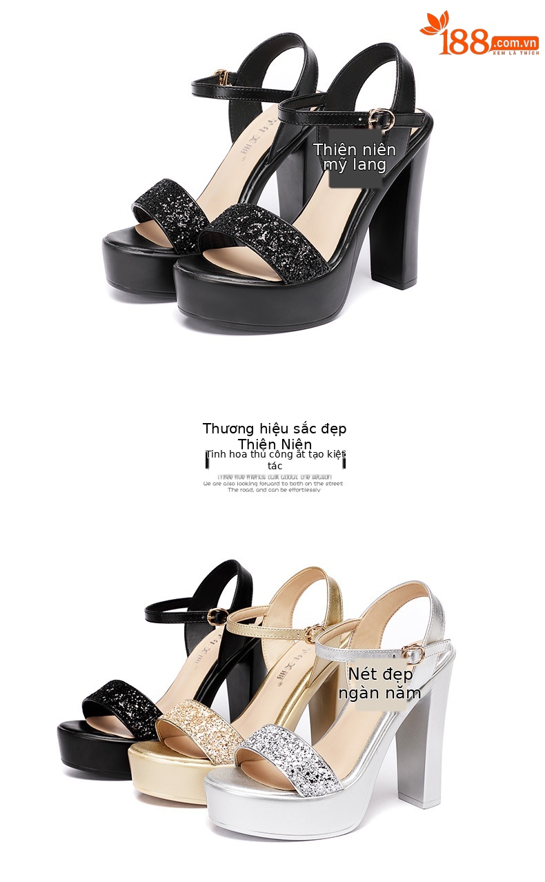 Sandal cao gót quai ngang nữ kiểu La Mã gót dày 13 cm — Màu đen 13cm, Bạc 13cm, Màu vàng kim 10cm, Màu vàng 13cm chi tiết 18