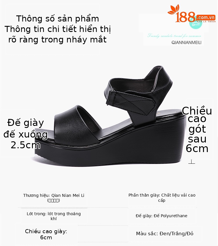 Sandal peep toe nữ đế xuồng 6 cm mũi cá xốp thoải mái — Màu đen, Màu trắng, Màu đỏ chi tiết 3