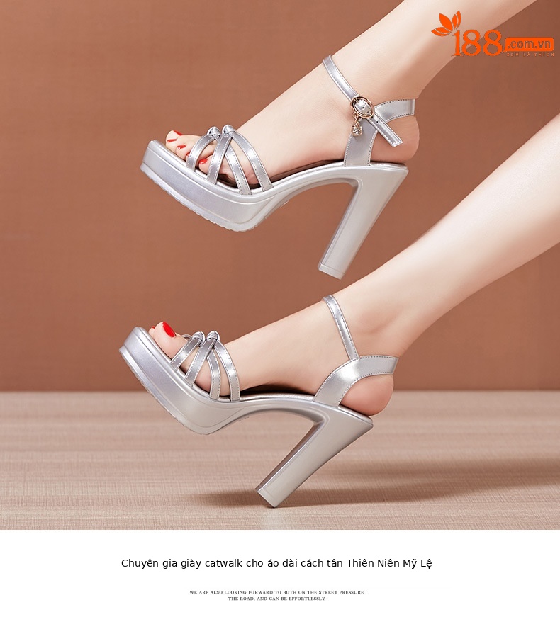 Sandal cao gót nữ hở mũi đế platform 10 cm, dáng miệng cá thon gọn, phù hợp chân lớn — Màu đen, Màu vàng, Màu trắng, Màu bạc chi tiết 10