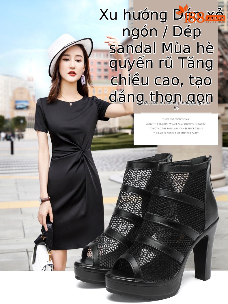 Sandal cao gót nữ đế xuồng mũi hở lưới phong cách La Mã, gót 10 cm — Màu đen 10cm, Màu đen 8cm chi tiết 1