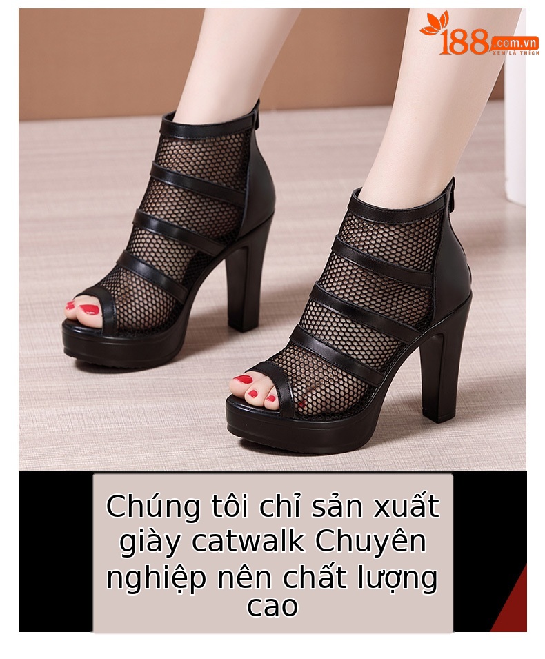 Sandal cao gót nữ đế xuồng mũi hở lưới phong cách La Mã, gót 10 cm — Màu đen 10cm, Màu đen 8cm chi tiết 3