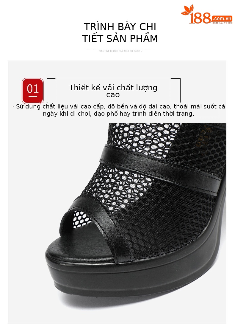 Sandal cao gót nữ đế xuồng mũi hở lưới phong cách La Mã, gót 10 cm — Màu đen 10cm, Màu đen 8cm chi tiết 5