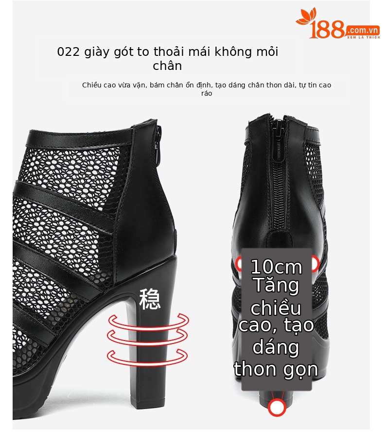 Sandal cao gót nữ đế xuồng mũi hở lưới phong cách La Mã, gót 10 cm — Màu đen 10cm, Màu đen 8cm chi tiết 6