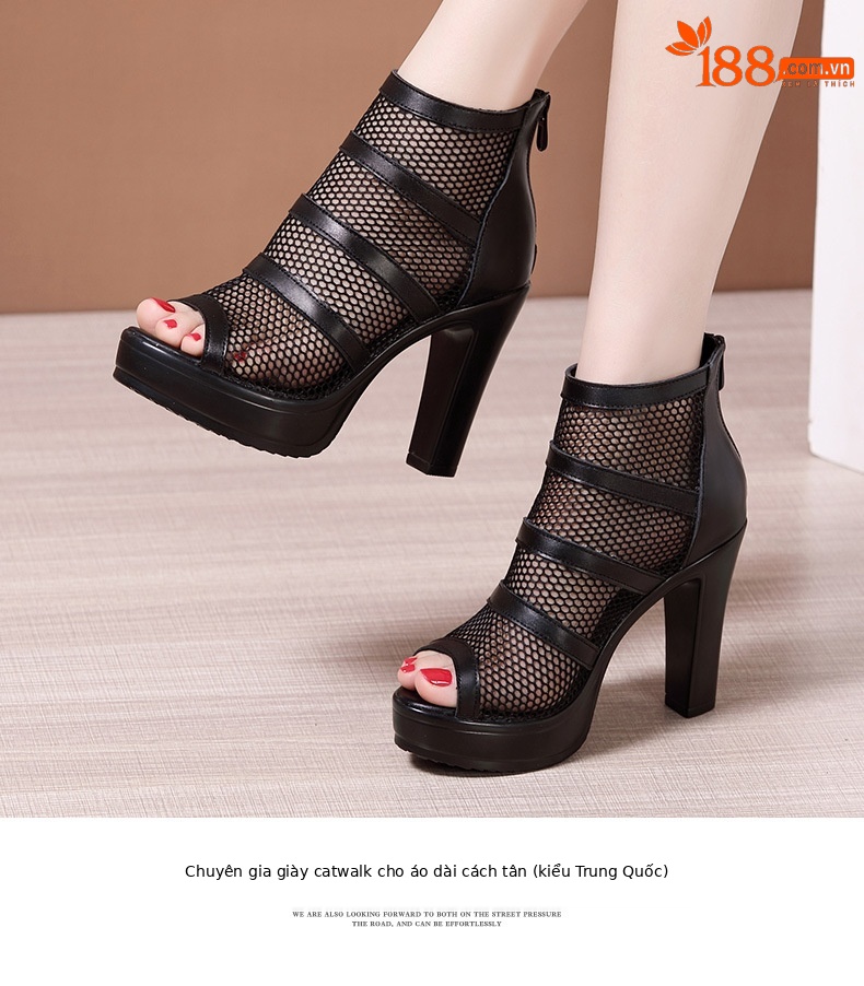 Sandal cao gót nữ đế xuồng mũi hở lưới phong cách La Mã, gót 10 cm — Màu đen 10cm, Màu đen 8cm chi tiết 9