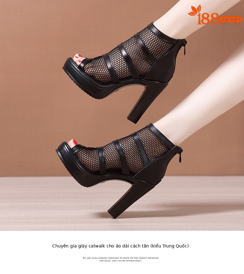 Sandal cao gót nữ đế xuồng mũi hở lưới phong cách La Mã, gót 10 cm — Màu đen 10cm, Màu đen 8cm chi tiết 10