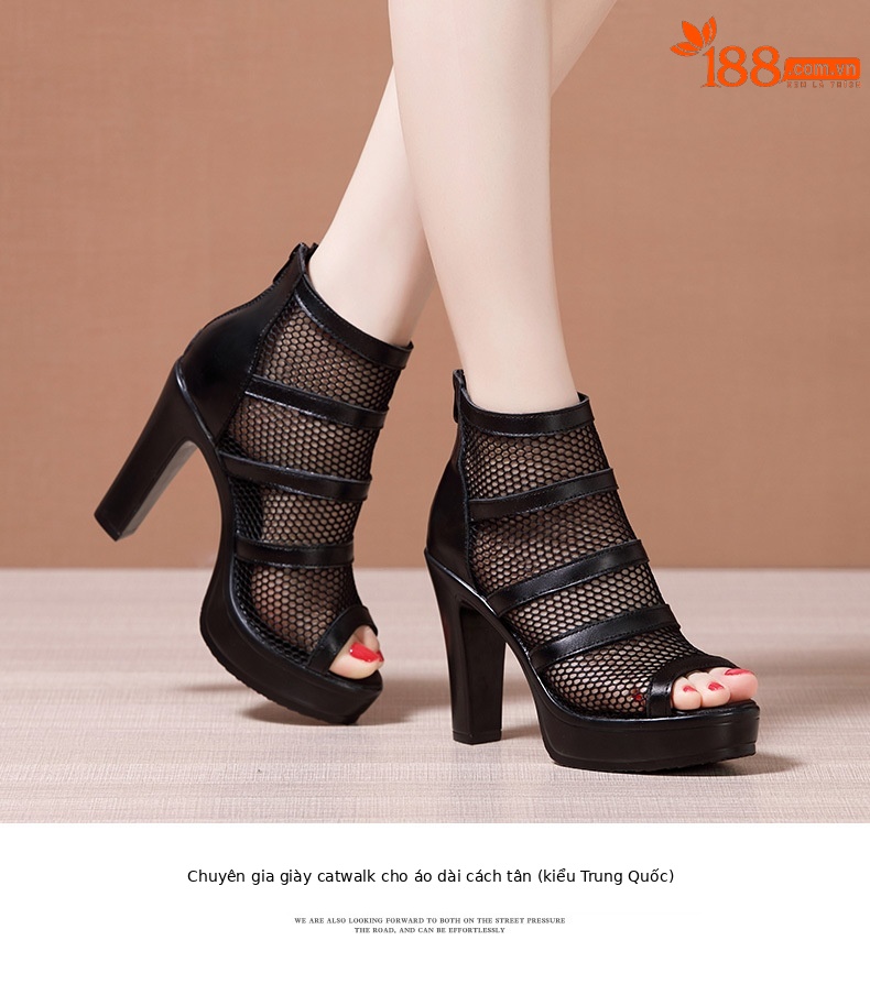 Sandal cao gót nữ đế xuồng mũi hở lưới phong cách La Mã, gót 10 cm — Màu đen 10cm, Màu đen 8cm chi tiết 11