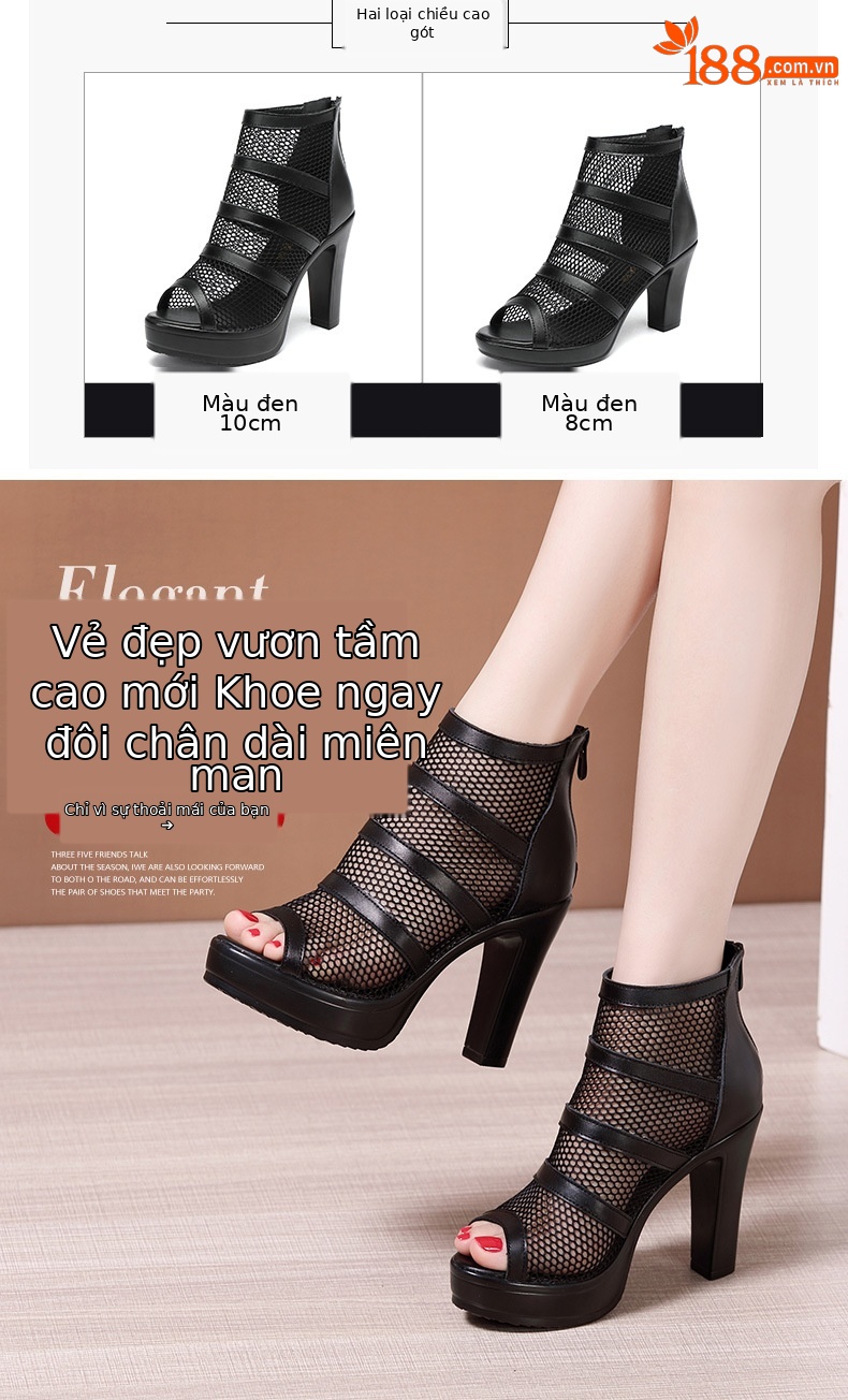 Sandal cao gót nữ đế xuồng mũi hở lưới phong cách La Mã, gót 10 cm — Màu đen 10cm, Màu đen 8cm chi tiết 4