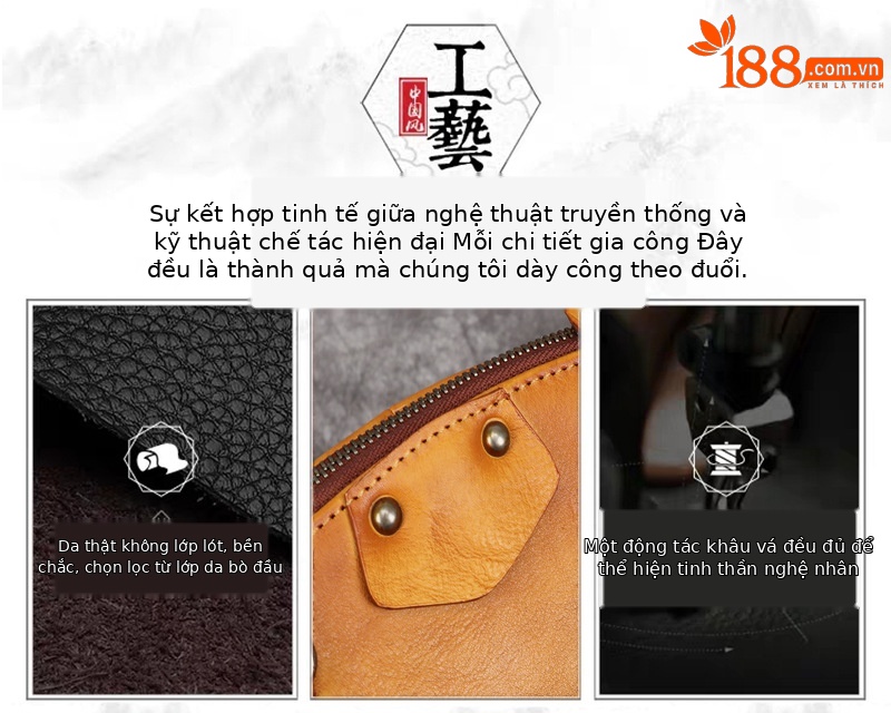 Túi tote da thật vẽ tay phong cách Trung Hoa cổ điển, dung tích lớn — Xanh lam cổ điển, Vàng cổ điển, Đỏ cổ điển chi tiết 6