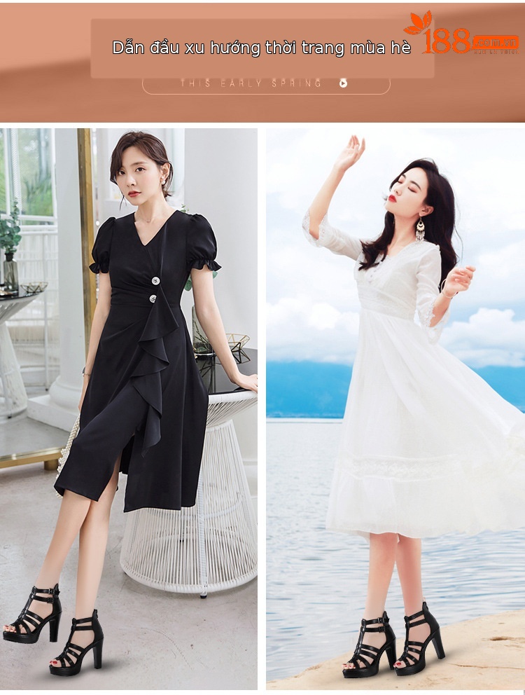 Sandal cao gót nữ hở mũi phong cách La Mã, gót thô 10 cm, đế platform, da mềm, size lớn 34–43 — Đen 10cm, Trắng 10cm chi tiết 1