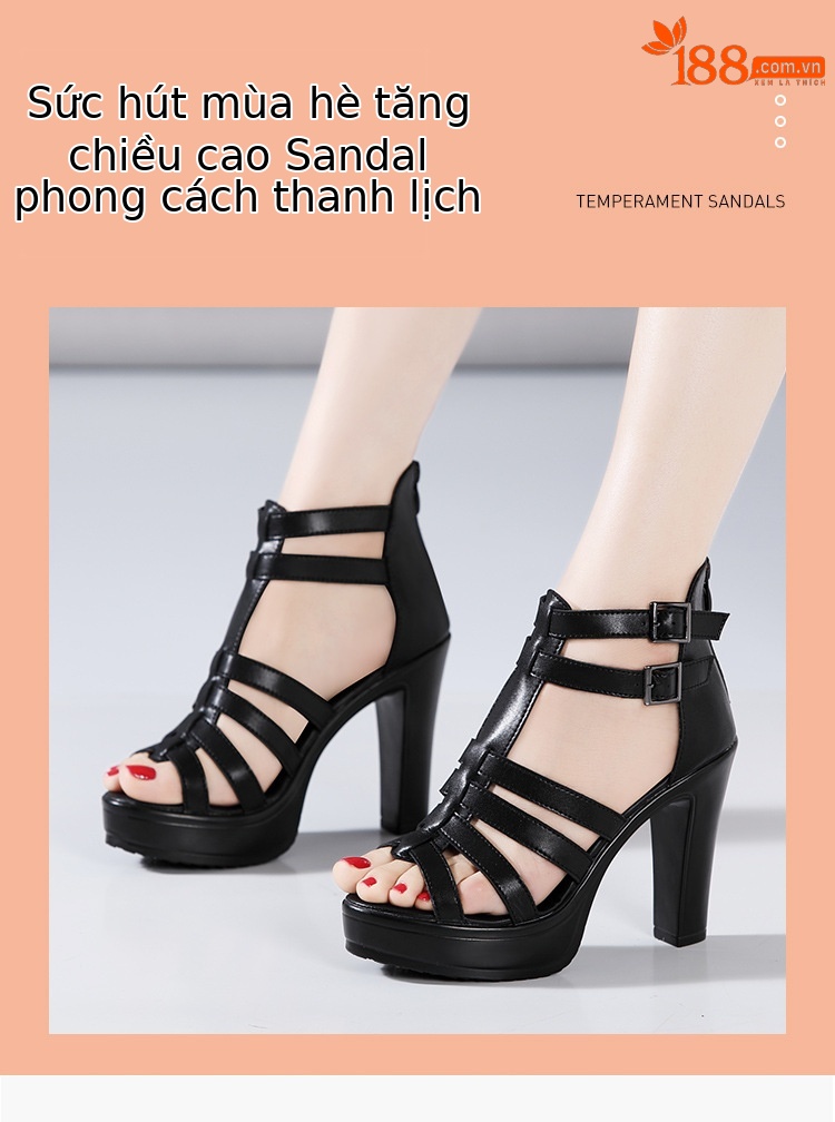 Sandal cao gót nữ hở mũi phong cách La Mã, gót thô 10 cm, đế platform, da mềm, size lớn 34–43 — Đen 10cm, Trắng 10cm chi tiết 3