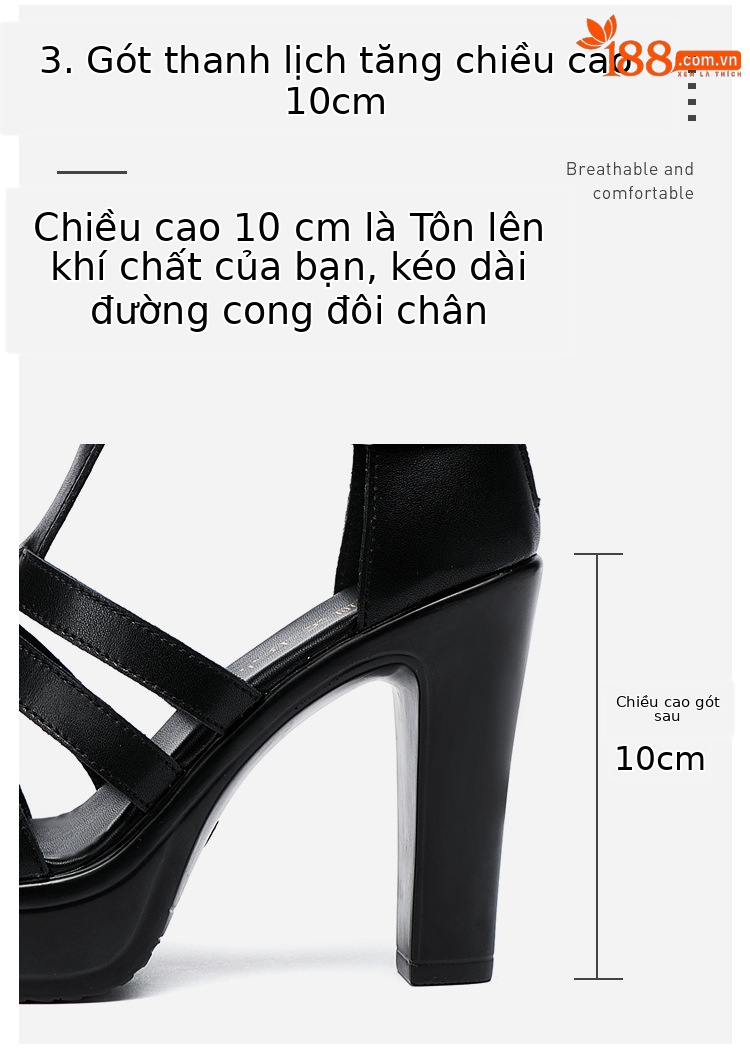 Sandal cao gót nữ hở mũi phong cách La Mã, gót thô 10 cm, đế platform, da mềm, size lớn 34–43 — Đen 10cm, Trắng 10cm chi tiết 8