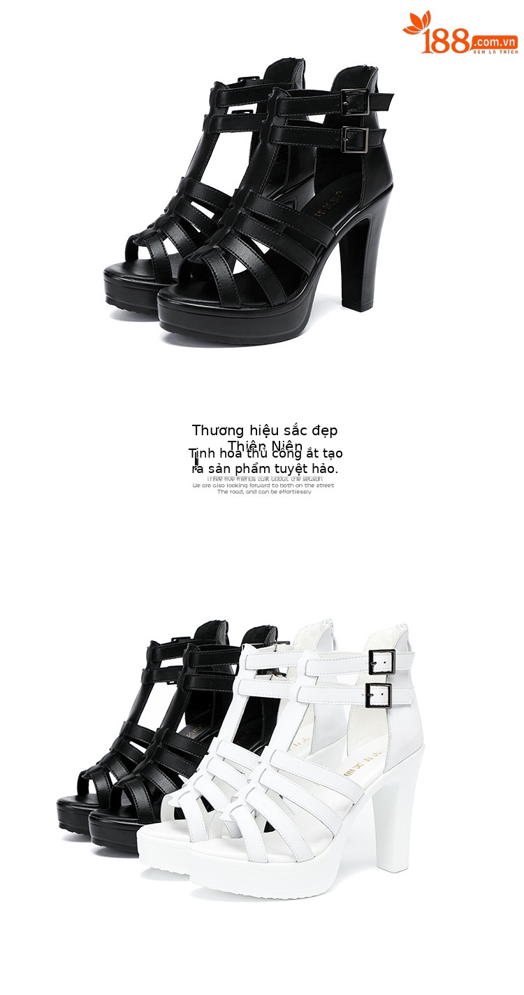 Sandal cao gót nữ hở mũi phong cách La Mã, gót thô 10 cm, đế platform, da mềm, size lớn 34–43 — Đen 10cm, Trắng 10cm chi tiết 17