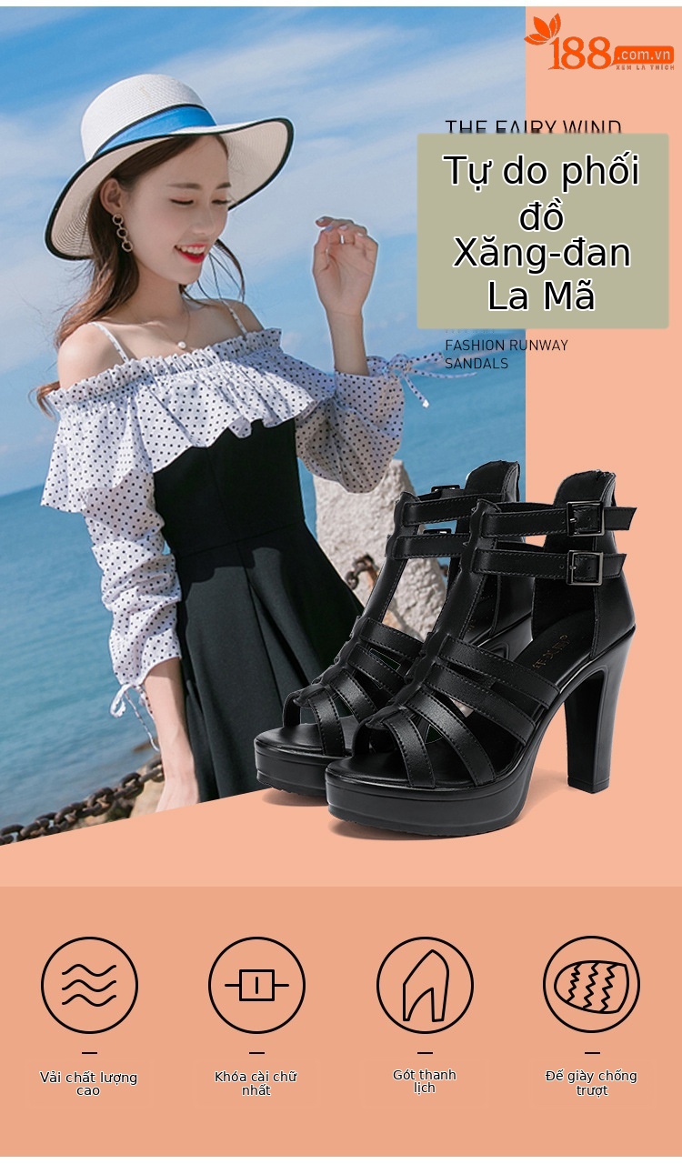 Sandal cao gót nữ hở mũi phong cách La Mã, gót thô 10 cm, đế platform, da mềm, size lớn 34–43 — Đen 10cm, Trắng 10cm chi tiết 5