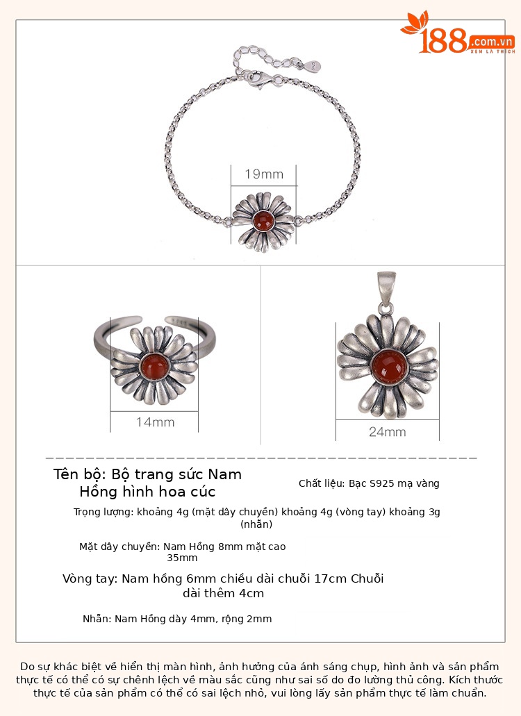 Vòng tay bạc S925 mờ retro hình hoa cúc đính mã não đỏ cho nữ — Kiểu Mặt dây chuyền (không có dây chuyền) chi tiết 2