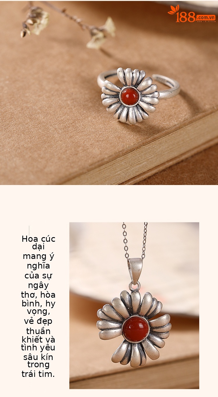 Vòng tay bạc S925 mờ retro hình hoa cúc đính mã não đỏ cho nữ — Kiểu Mặt dây chuyền (không có dây chuyền) chi tiết 3