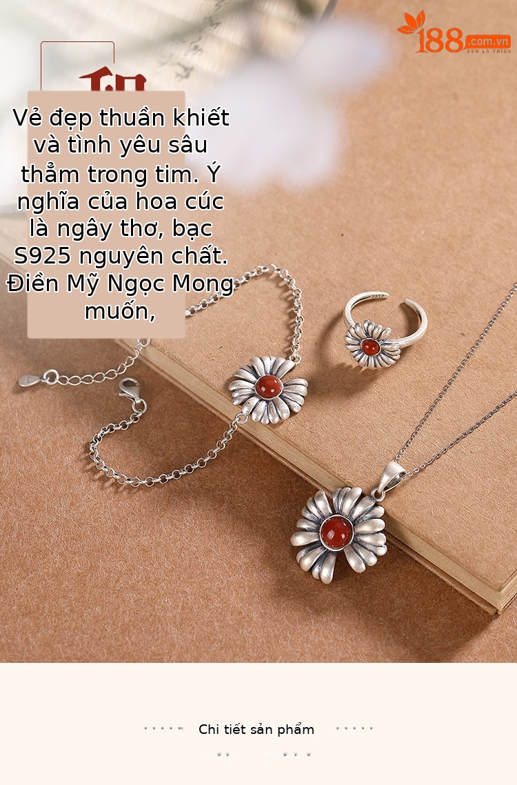 Vòng tay bạc S925 mờ retro hình hoa cúc đính mã não đỏ cho nữ — Kiểu Mặt dây chuyền (không có dây chuyền) chi tiết 1