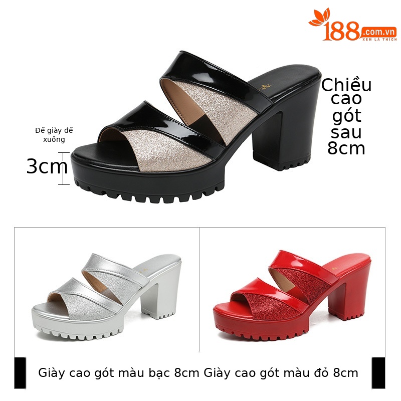 Dép sandal nữ da bóng cao gót phối màu mũi hở, xỏ ngón, size lớn 43 — Màu đen, Màu bạc, Màu đỏ
