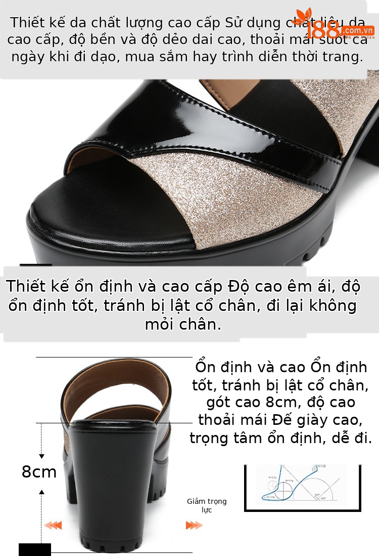 Dép sandal nữ da bóng cao gót phối màu mũi hở, xỏ ngón, size lớn 43 — Màu đen, Màu bạc, Màu đỏ chi tiết 4