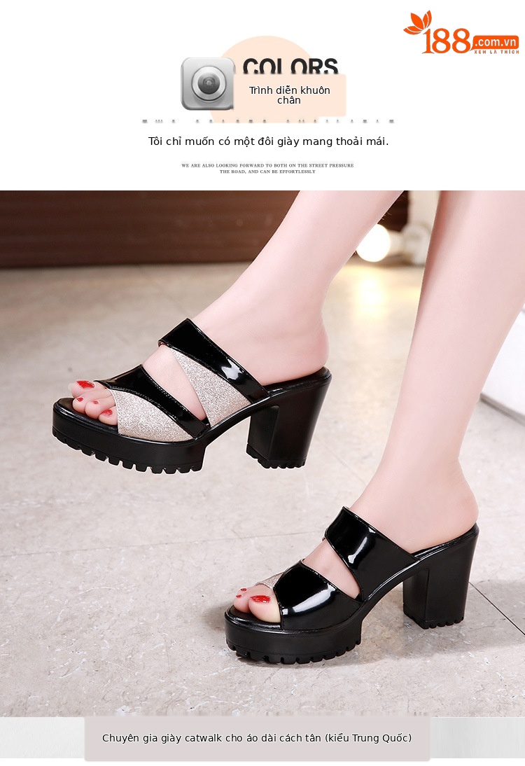Dép sandal nữ da bóng cao gót phối màu mũi hở, xỏ ngón, size lớn 43 — Màu đen, Màu bạc, Màu đỏ chi tiết 6