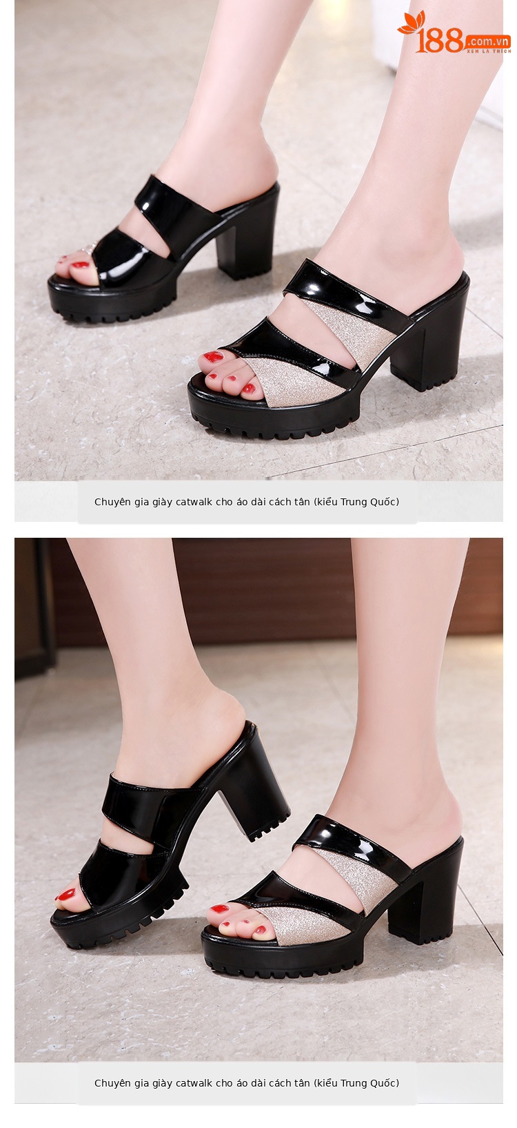 Dép sandal nữ da bóng cao gót phối màu mũi hở, xỏ ngón, size lớn 43 — Màu đen, Màu bạc, Màu đỏ chi tiết 8