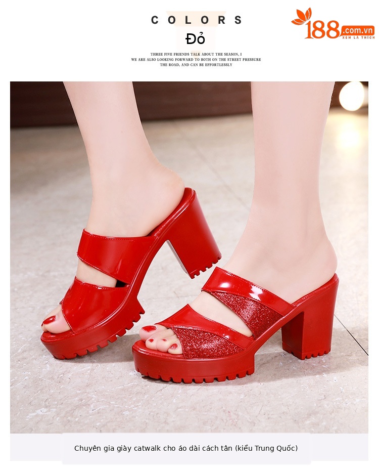 Dép sandal nữ da bóng cao gót phối màu mũi hở, xỏ ngón, size lớn 43 — Màu đen, Màu bạc, Màu đỏ chi tiết 10