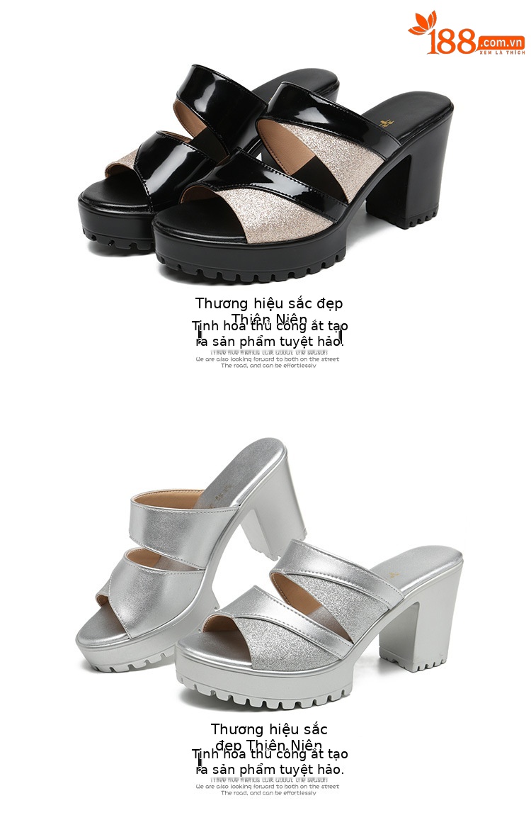Dép sandal nữ da bóng cao gót phối màu mũi hở, xỏ ngón, size lớn 43 — Màu đen, Màu bạc, Màu đỏ chi tiết 14