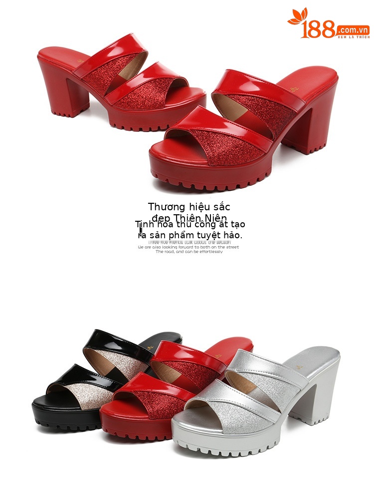 Dép sandal nữ da bóng cao gót phối màu mũi hở, xỏ ngón, size lớn 43 — Màu đen, Màu bạc, Màu đỏ chi tiết 15