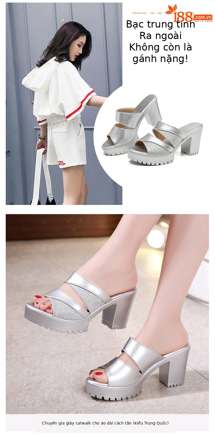 Dép sandal nữ da bóng cao gót phối màu mũi hở, xỏ ngón, size lớn 43 — Màu đen, Màu bạc, Màu đỏ chi tiết 9
