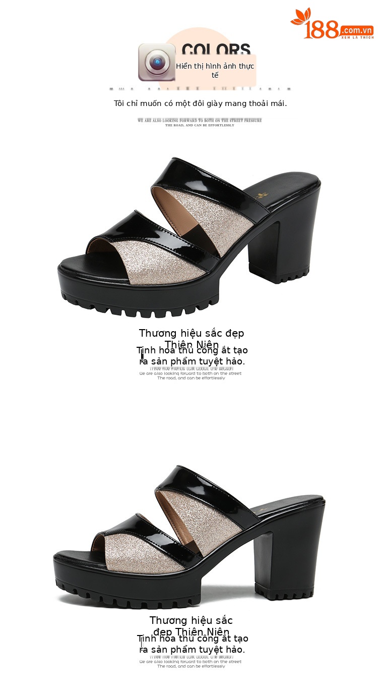 Dép sandal nữ da bóng cao gót phối màu mũi hở, xỏ ngón, size lớn 43 — Màu đen, Màu bạc, Màu đỏ chi tiết 12