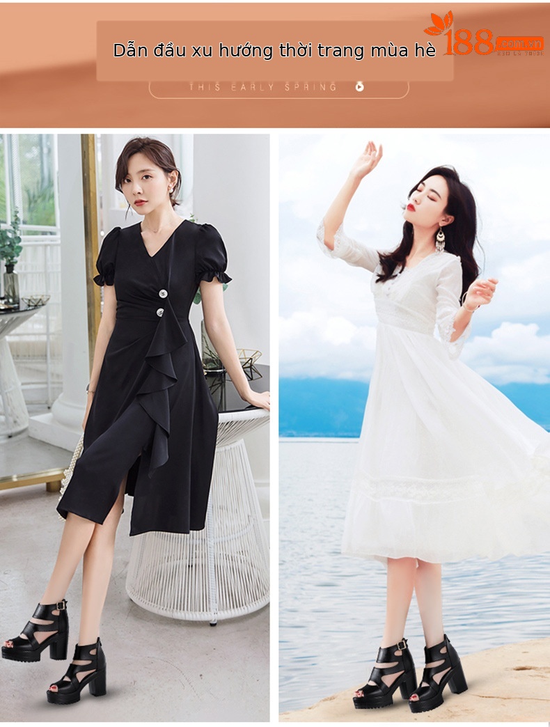Sandal nữ đế xuồng cao gót mũi hở phong cách La Mã, gót 8 cm, đế dày platform — Màu đen, Màu đen 8cm chi tiết 1