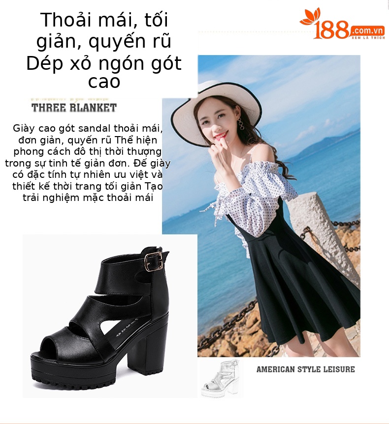 Sandal nữ đế xuồng cao gót mũi hở phong cách La Mã, gót 8 cm, đế dày platform — Màu đen, Màu đen 8cm chi tiết 2