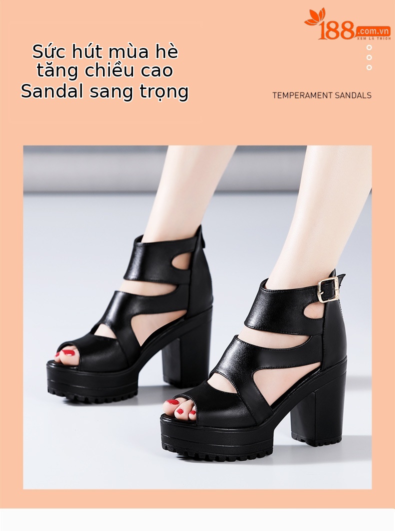 Sandal nữ đế xuồng cao gót mũi hở phong cách La Mã, gót 8 cm, đế dày platform — Màu đen, Màu đen 8cm chi tiết 3