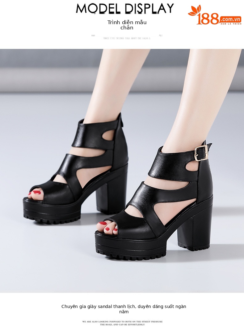 Sandal nữ đế xuồng cao gót mũi hở phong cách La Mã, gót 8 cm, đế dày platform — Màu đen, Màu đen 8cm chi tiết 9