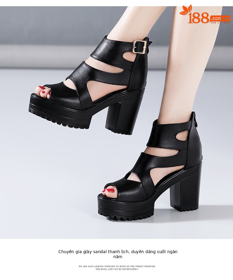 Sandal nữ đế xuồng cao gót mũi hở phong cách La Mã, gót 8 cm, đế dày platform — Màu đen, Màu đen 8cm chi tiết 10