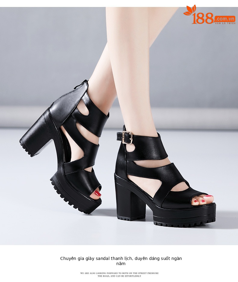 Sandal nữ đế xuồng cao gót mũi hở phong cách La Mã, gót 8 cm, đế dày platform — Màu đen, Màu đen 8cm chi tiết 11