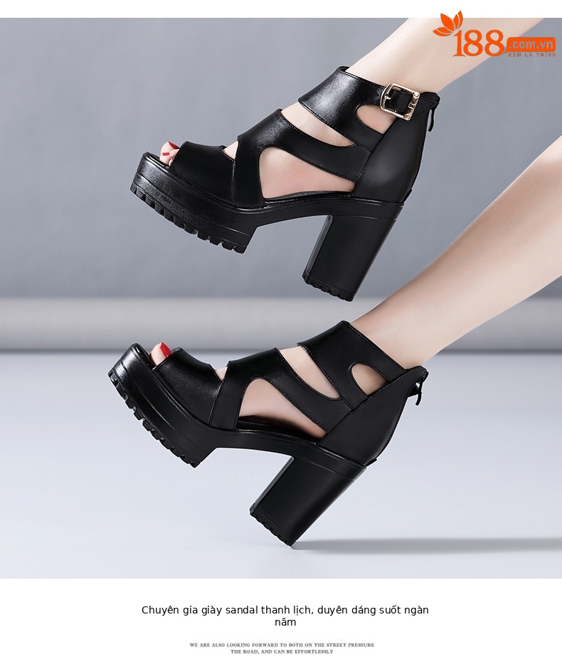 Sandal nữ đế xuồng cao gót mũi hở phong cách La Mã, gót 8 cm, đế dày platform — Màu đen, Màu đen 8cm chi tiết 12