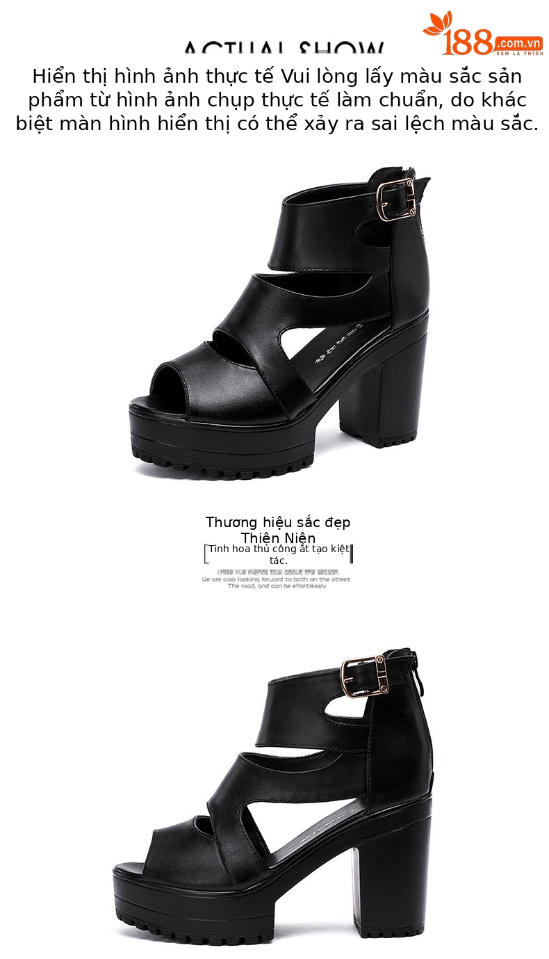 Sandal nữ đế xuồng cao gót mũi hở phong cách La Mã, gót 8 cm, đế dày platform — Màu đen, Màu đen 8cm chi tiết 14