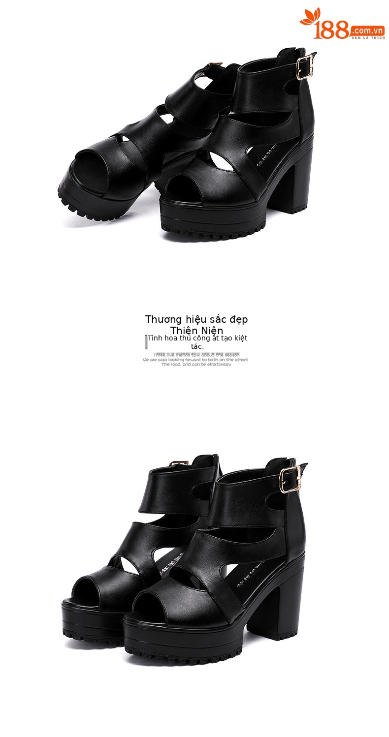 Sandal nữ đế xuồng cao gót mũi hở phong cách La Mã, gót 8 cm, đế dày platform — Màu đen, Màu đen 8cm chi tiết 16