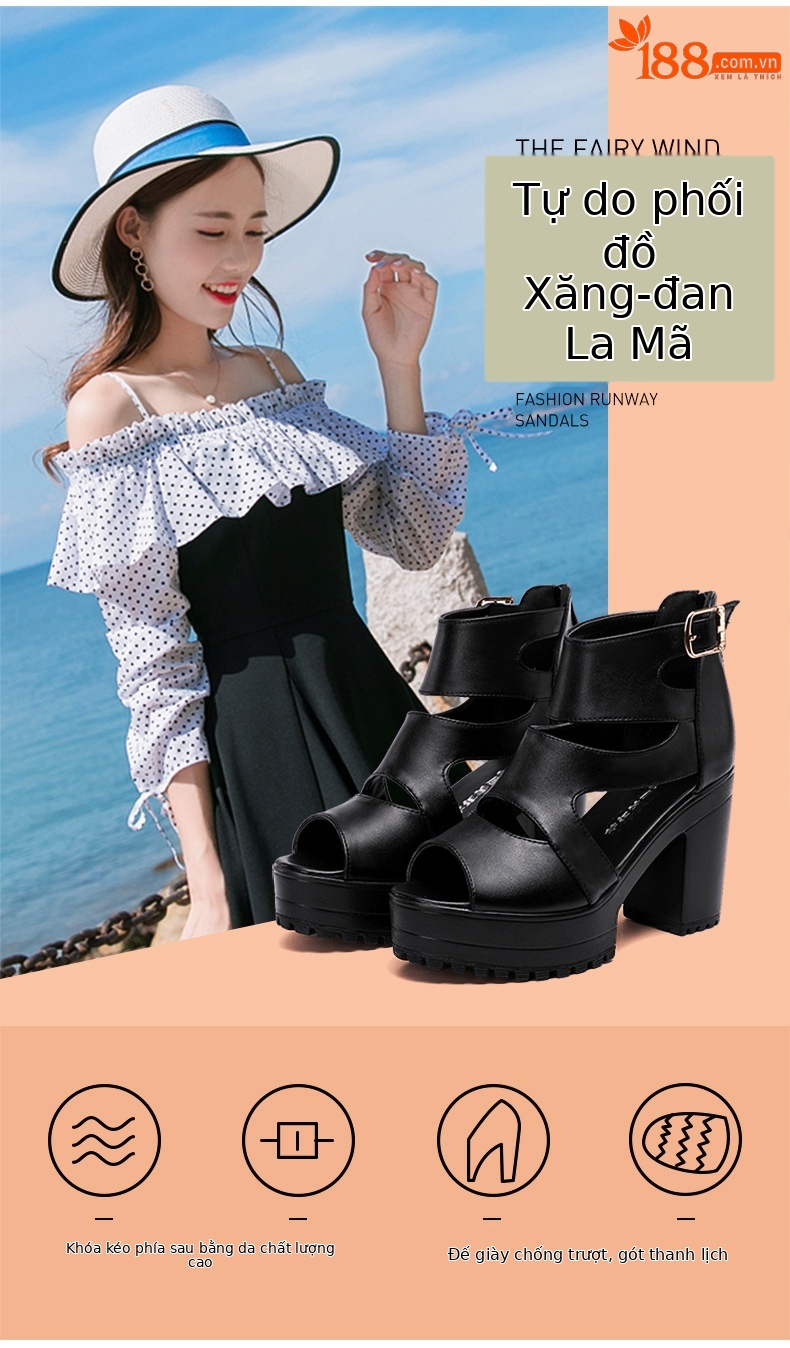 Sandal nữ đế xuồng cao gót mũi hở phong cách La Mã, gót 8 cm, đế dày platform — Màu đen, Màu đen 8cm chi tiết 4