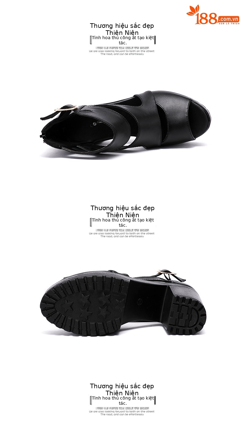 Sandal nữ đế xuồng cao gót mũi hở phong cách La Mã, gót 8 cm, đế dày platform — Màu đen, Màu đen 8cm chi tiết 15