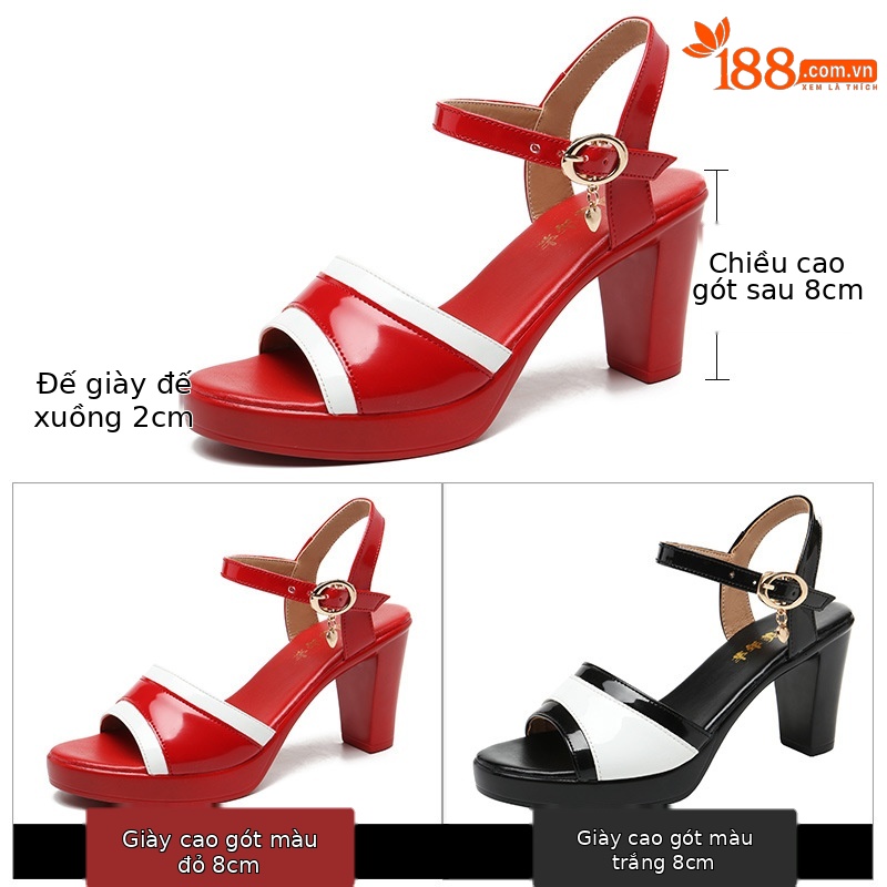 Sandal cao gót nữ mũi hở đế dày da sáng chế gót thô 8 cm — Màu đỏ 8cm, Trắng 8cm