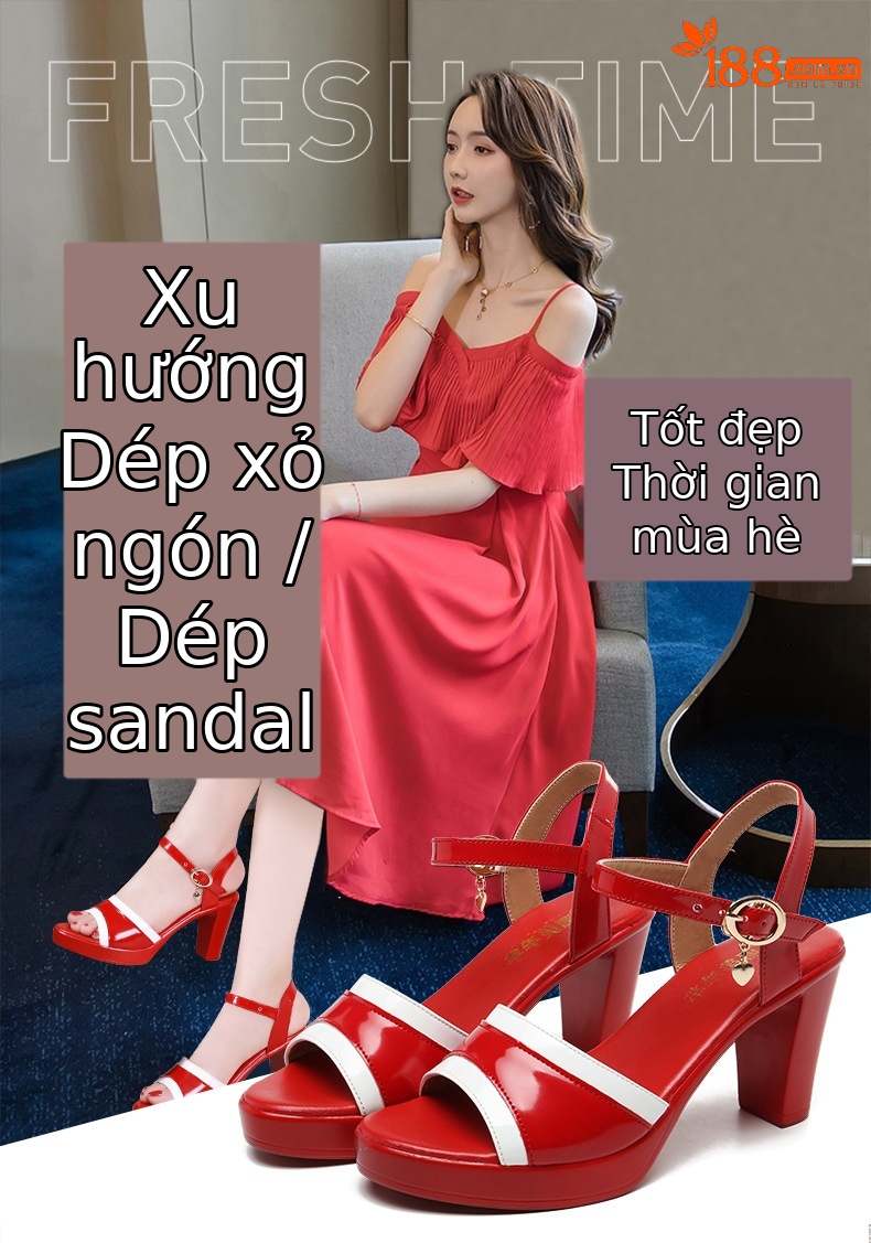 Sandal cao gót nữ mũi hở đế dày da sáng chế gót thô 8 cm — Màu đỏ 8cm, Trắng 8cm chi tiết 1