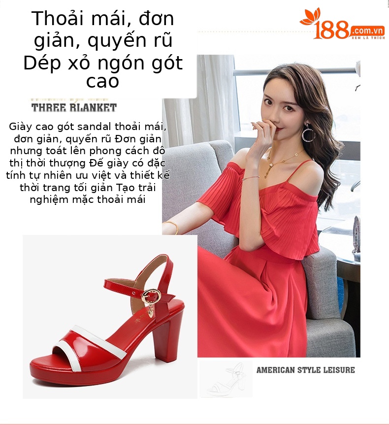 Sandal cao gót nữ mũi hở đế dày da sáng chế gót thô 8 cm — Màu đỏ 8cm, Trắng 8cm chi tiết 2