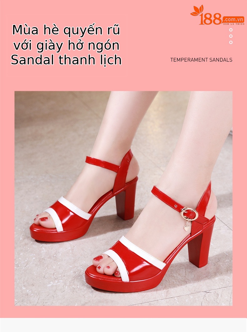 Sandal cao gót nữ mũi hở đế dày da sáng chế gót thô 8 cm — Màu đỏ 8cm, Trắng 8cm chi tiết 3